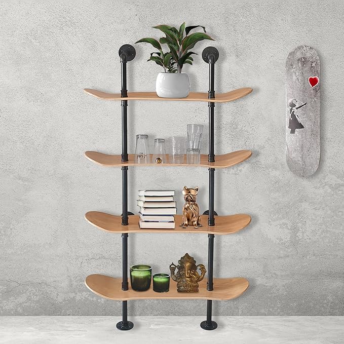 Industrial Shelves - 4 Tier Industrial Decor Pipe Bookcase Using 7 Ply Skateboard Decks - Natural Wood Stain Finish - Perfect Bathroom Wall Decor, Book Shelf for Skateboard Enthusiasts - LeafyLoom