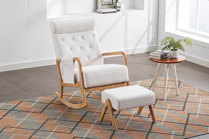 Armchair with Ottoman, Mid-Century Upholstered Accent Nursery, Glider Rocker Thick Cushion, Comfy Indoor Leisure Lounge Living Room, Bedroom, Office, Rocking Chair, Beige - LeafyLoom