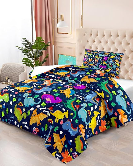Dinosaur Comforter Set Twin - Cartoon Dinosaur Twin Bedding Set for Boys Kids Twin Size Comforter Set for Boys Soft Breathable Blue Dino Quilt Kids Bedding Set, 1 Comforter 1 Pillowcase - LeafyLoom