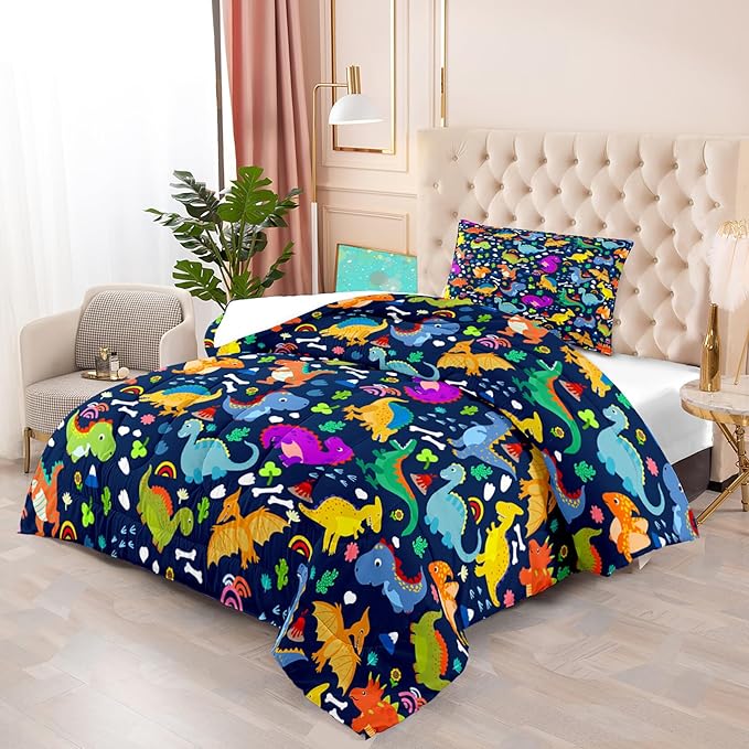 Dinosaur Comforter Set Twin - Cartoon Dinosaur Twin Bedding Set for Boys Kids Twin Size Comforter Set for Boys Soft Breathable Blue Dino Quilt Kids Bedding Set, 1 Comforter 1 Pillowcase - LeafyLoom