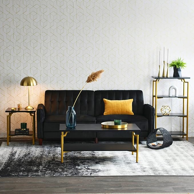 Household Essentials Crown Square Side End Table with Storage Shelf Black Oak Wood Grain and Gold Metal - LeafyLoom
