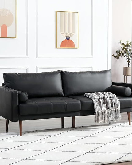 Vonanda Faux Leather Sofa Couch, Mid-Century 73 Inch 3 Seater Leather Couch with Wood Grain Metal Legs and Bolster Pillows for Living Room,Elegant Black - LeafyLoom