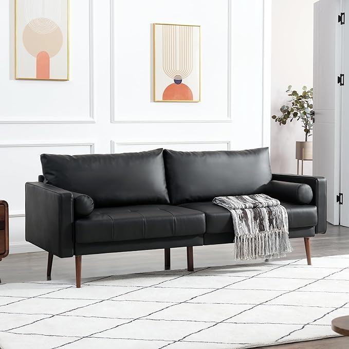 Vonanda Faux Leather Sofa Couch, Mid-Century 73 Inch 3 Seater Leather Couch with Wood Grain Metal Legs and Bolster Pillows for Living Room,Elegant Black - LeafyLoom