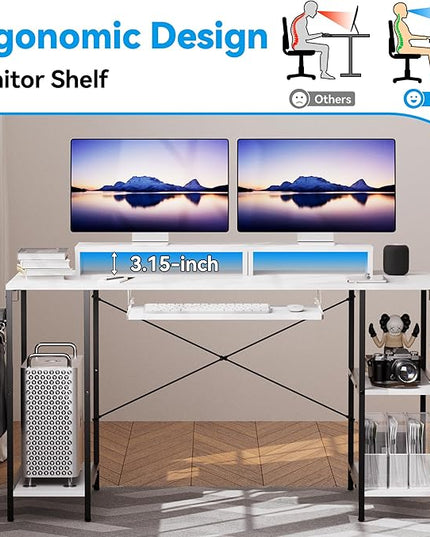 Computer Desk with Keyboard Tray, 55 Inch Music Studio Desk Music Production Desk with Storage Shelves Monitor Stands and 4 Iron Hooks, Desk Workstation Gaming Table for Home Office - LeafyLoom