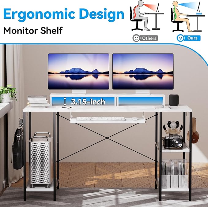 Computer Desk with Keyboard Tray, 55 Inch Music Studio Desk Music Production Desk with Storage Shelves Monitor Stands and 4 Iron Hooks, Desk Workstation Gaming Table for Home Office - LeafyLoom