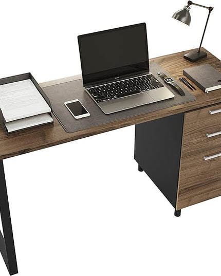 Milano Home Office Desk - 47Inch Cass Walnut/Black Home Office Desk with Drawers - Modern Computer Desk with Storage, Detachable & Lockable Computer Cabinet - Wooden Office, Study, and Writing Table - LeafyLoom