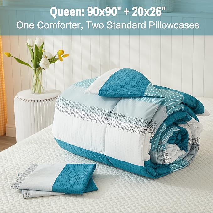 Litanika Queen Comforter Set White Teal - 3 Pieces Lightweight Fluffy Bedding Comforter Sets, All Season Down Alternative Comforter (1 Comforter, 2 Pillowcases) - LeafyLoom