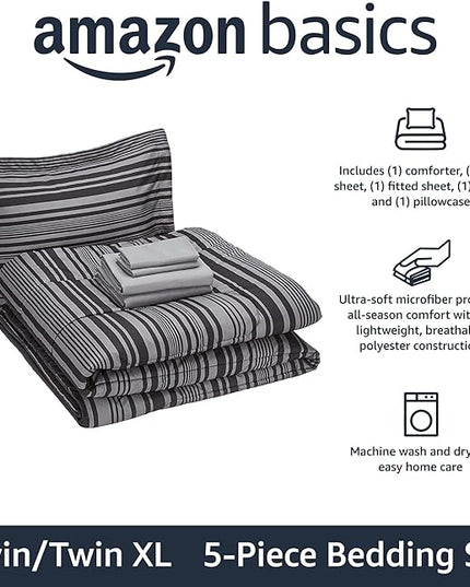 Amazon Basics Lightweight Microfiber Bed-in-a-Bag Comforter 5-Piece Bedding Set, Twin/Twin XL, Gray Calvin Stripe, Striped - LeafyLoom