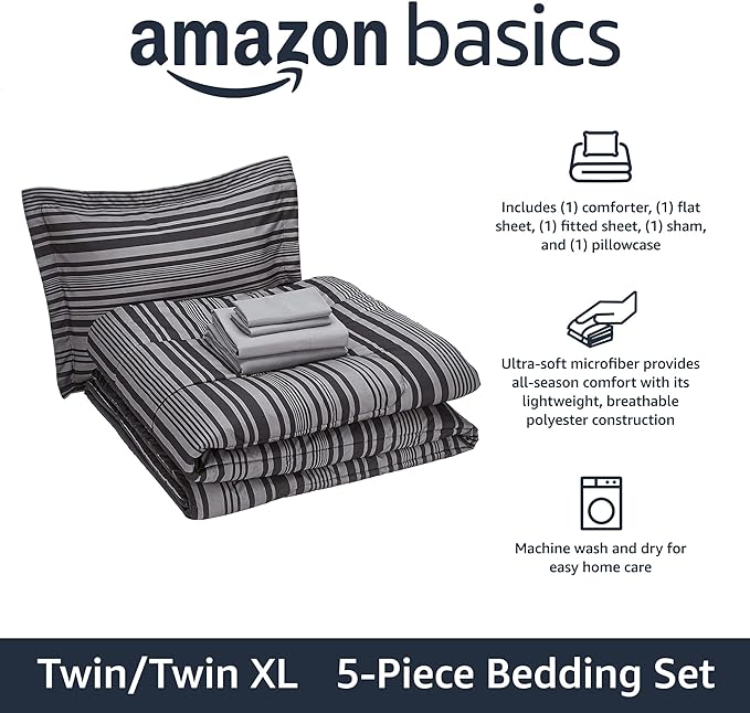 Amazon Basics Lightweight Microfiber Bed-in-a-Bag Comforter 5-Piece Bedding Set, Twin/Twin XL, Gray Calvin Stripe, Striped - LeafyLoom