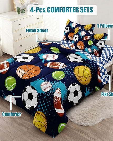 Kids Boys Comforter Set Twin Bed in a Bag w/Sheet Sets, Blue Twin Bedding Sets for Teens Soccer Basketball Baseball Football Sports Themed Bedroom Decor Reversible Design - LeafyLoom