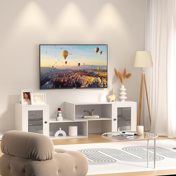 VECELO LED TV Stand for Televisions up to 70 Inchs Modern Entertainment Center with Storage Media Console with 23 Flashing Options and 4 Customizable Modes for Living Room, Bedroom, White - LeafyLoom