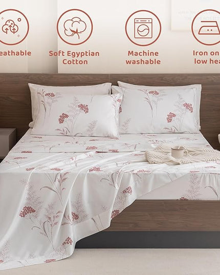 QSH Floral Bed Sheets Queen Size - 100% Egyptian Cotton Sheets Elegant Aesthetic Flower Pattern Printed Bedding Sheets Queen Size Bed Extra Soft and Breathable 4pcs Deep Pockets Bed Sheets - LeafyLoom
