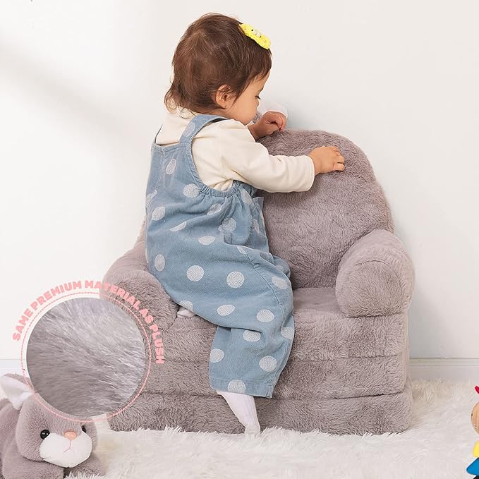 Kids Couch Fold Out Soft Toddler Chairs,Toddler Armrest Chair Bed for Play,Gift for 0-3 Years,Grey Bunny - LeafyLoom