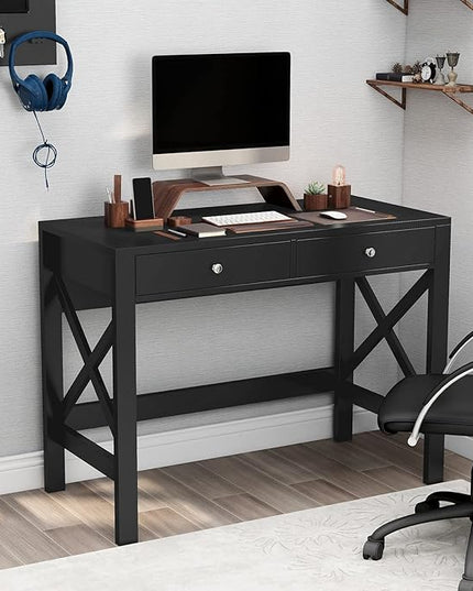 ChooChoo Home Office Desk Writing Computer Table Modern Design Black Desk with Drawers, Makeup Vanity Table - LeafyLoom