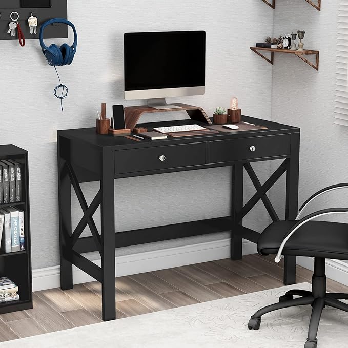 ChooChoo Home Office Desk Writing Computer Table Modern Design Black Desk with Drawers, Makeup Vanity Table - LeafyLoom