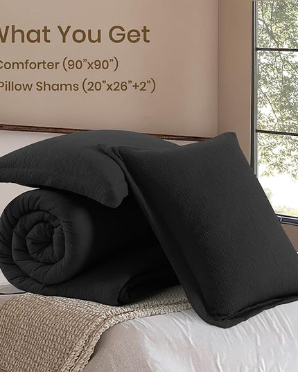 Black Queen Comforter Set, Textured Queen Bed Set for Premium Bedding, Minimalist Queen Size Bedding Sets 3 Piece with Lightweight Comforter & Shams (Queen, 90"x90") - LeafyLoom