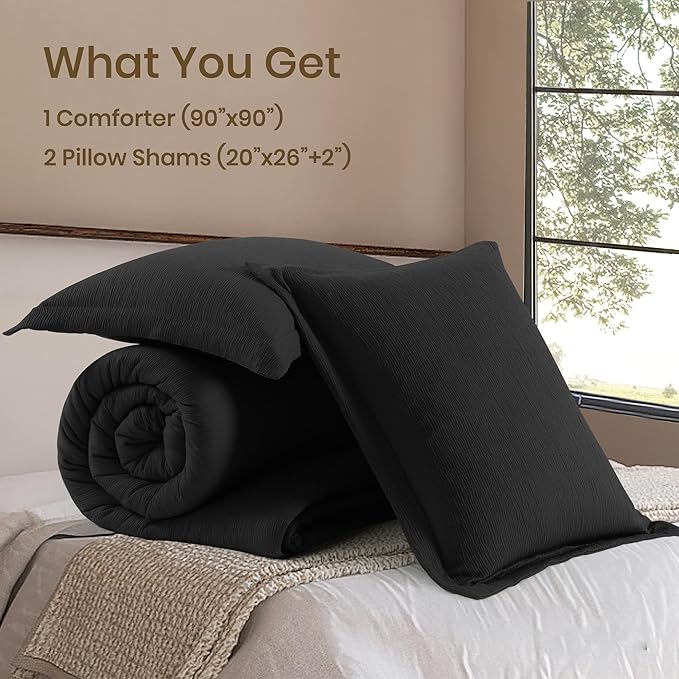 Black Queen Comforter Set, Textured Queen Bed Set for Premium Bedding, Minimalist Queen Size Bedding Sets 3 Piece with Lightweight Comforter & Shams (Queen, 90"x90") - LeafyLoom