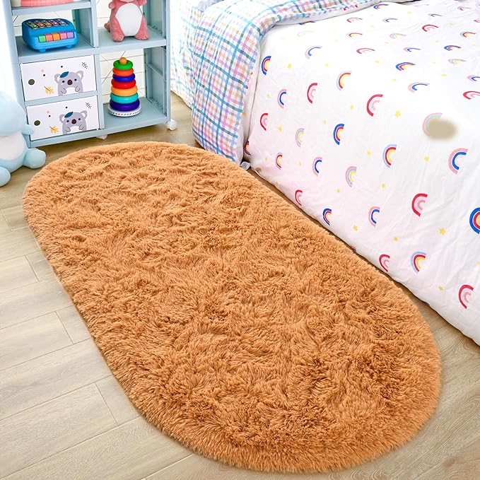 Noahas Ultra Soft Fluffy Bedroom Rugs,2.6' X 5.3' Oval Khaki Fluffy Rugs for Bedroom,Small Throw Rugs, Kids Room Carpet Modern Shaggy Area Rugs Home Decor - LeafyLoom