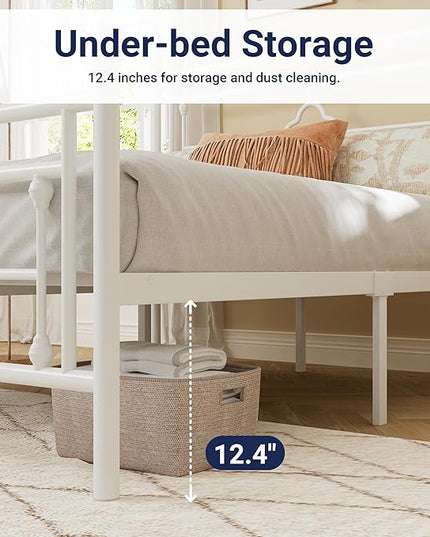 Allewie Queen Size Metal Platform Bed Frame with Victorian Vintage Headboard and Footboard/Mattress Foundation/Under Bed Storage/No Box Spring Needed/Noise-Free/Easy Assembly, White - LeafyLoom