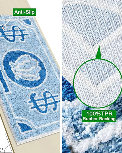 RoomTalks Coastal Beach Bathroom Rugs Non Slip Light Blue Turquoise Cute Bath Mat Washable, Cartoon Money Tufted Rug Boho Funky Aesthetic Cool 2x3 Small Throw Rugs for Bedroom Kitchen Living Room - LeafyLoom