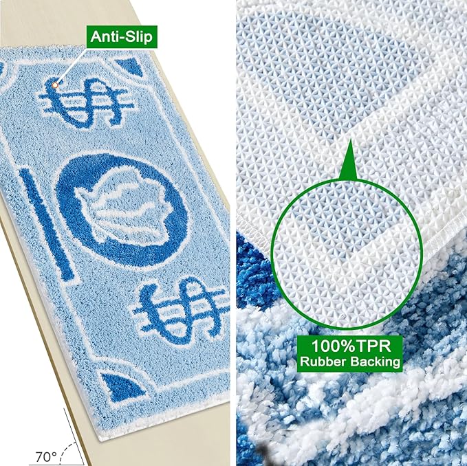 RoomTalks Coastal Beach Bathroom Rugs Non Slip Light Blue Turquoise Cute Bath Mat Washable, Cartoon Money Tufted Rug Boho Funky Aesthetic Cool 2x3 Small Throw Rugs for Bedroom Kitchen Living Room - LeafyLoom