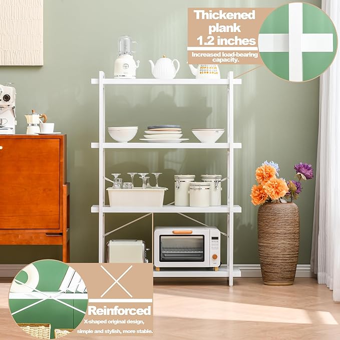 HCHQHS Bookshelf, 4-Tier Industrial Bookcase, White Open Book Shelf, Freestanding Tall Bookshelves with Metal Frame - LeafyLoom