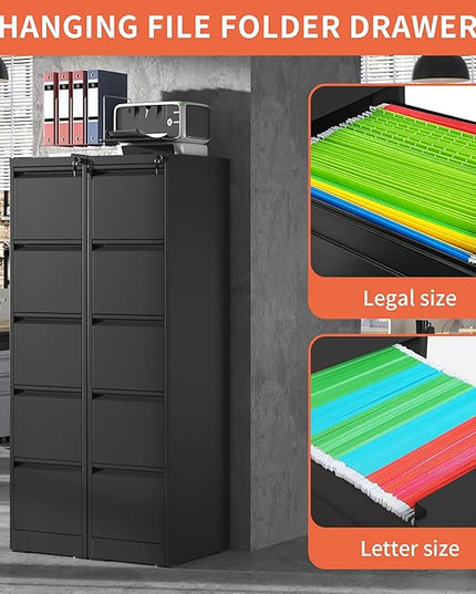 5 Drawer File Cabinet,Metal Filing Cabinets with Lock,Vertical File Cabinet for Home Office,Black Heavy Duty Metal Storage Cabinet for A4/Letter/Legal Size File,Assembly Required - LeafyLoom