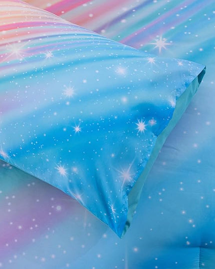 Btargot Super Soft 6 Pieces Gradient Star Ring Comforter Set, Colorful Glitter Rainbow Star Pattern Bedding Set for Boys Girls Teens, Full Light Blue - LeafyLoom