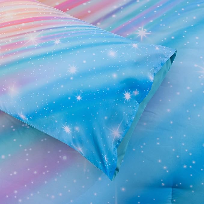 Btargot Super Soft 6 Pieces Gradient Star Ring Comforter Set, Colorful Glitter Rainbow Star Pattern Bedding Set for Boys Girls Teens, Twin Light Blue - LeafyLoom