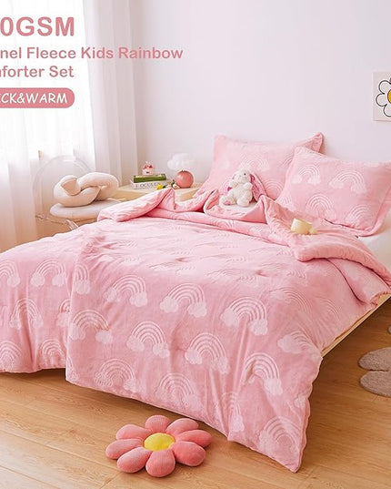 Mooreeke Twin Kids Comforter Bed Set, Embossed Plush Fleece Soft & Warm 2 Piece Bed in A Bag with Shams, Velour Velvet Pink Rainbow Girls Kids Bedding Set, Fluffy Fuzzy Polar Cozy and Stylish - LeafyLoom