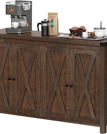 YITAHOME 55'' Sideboard Buffet Cabinet with Storage with 4 Doors, Farmhouse Large Kitchen Storage Cabinet, Wood Coffee Bar Cabinet with Barn Doors ＆ Adjustable Shelf for Kitchen, Living Room, Brown - LeafyLoom