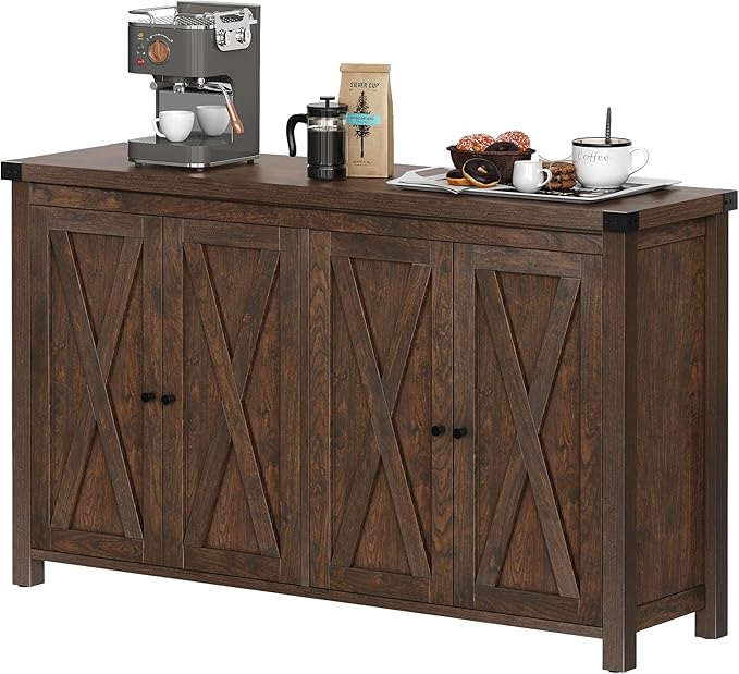 YITAHOME 55'' Sideboard Buffet Cabinet with Storage with 4 Doors, Farmhouse Large Kitchen Storage Cabinet, Wood Coffee Bar Cabinet with Barn Doors ＆ Adjustable Shelf for Kitchen, Living Room, Brown - LeafyLoom