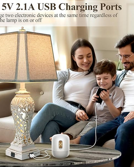 Set of 2 Table Lamps for Bedroom Living Room, Bedside Lamp with Fabric Shades, 29'' Tall Coastal Nautical Lamp with USB and Nightlight - LeafyLoom