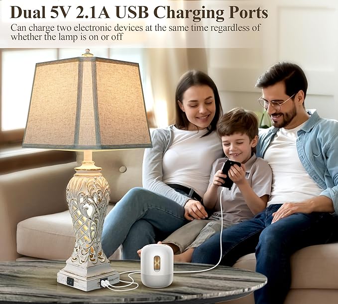 Set of 2 Table Lamps for Bedroom Living Room, Bedside Lamp with Fabric Shades, 29'' Tall Coastal Nautical Lamp with USB and Nightlight - LeafyLoom