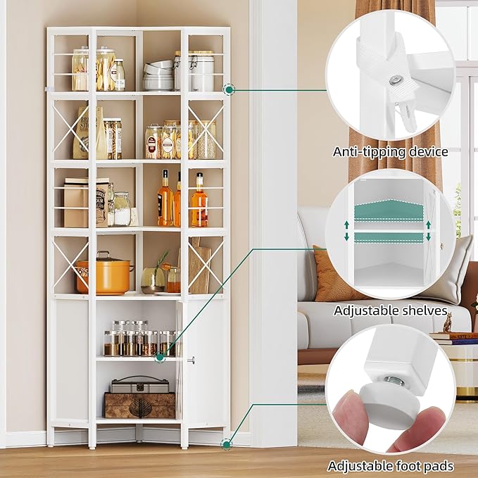 YITAHOME Corner Bookshelf with Storage, 7-Tier Corner Shelf with Doors, Large Corner Bookcase Display Rack for Living Room Bedroom Home Office, White - LeafyLoom