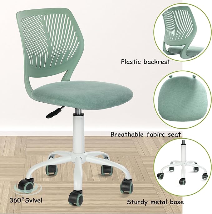 FurnitureR Writing Task Chair for Teens Boys Girls 360 Rolling Wheels Fabric Soft Pad Seat Breathable Backrest, Height Adjustable Liftup 29.5"-34.3", Morandi AQUA - LeafyLoom