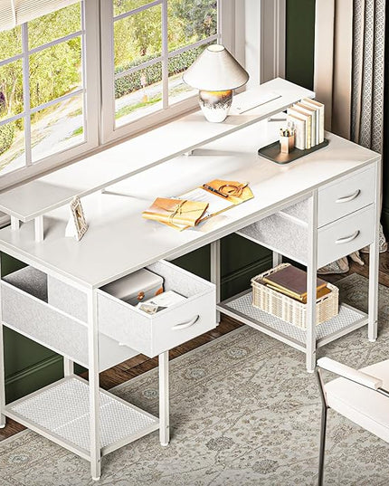 55 inch Computer Desk with 4 Drawers, Gaming Desk with LED Lights & Power Outlets, Home Office Desk with Large Storage Space for Bedroom, Work from Home, White - LeafyLoom