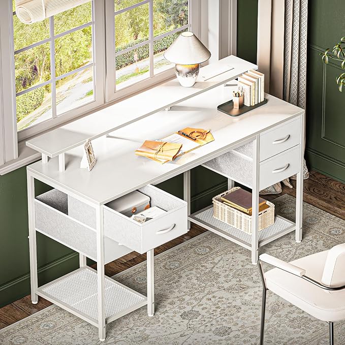 55 inch Computer Desk with 4 Drawers, Gaming Desk with LED Lights & Power Outlets, Home Office Desk with Large Storage Space for Bedroom, Work from Home, White - LeafyLoom