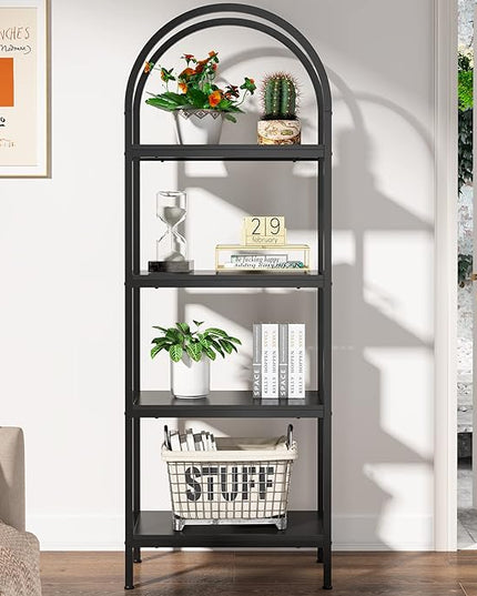 4-tier Arched Bookshelf, Tall Open Bookcase Storage Shelves, Wood Metal Freestanding Display Rack Tall Shelving Unit for Home Office, Bedroom, Living Room, Industrial Black - LeafyLoom