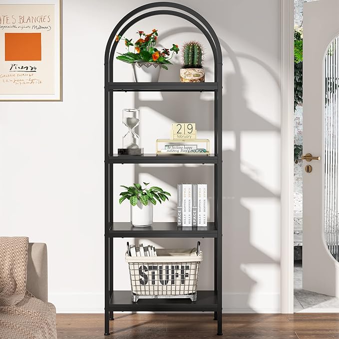 4-tier Arched Bookshelf, Tall Open Bookcase Storage Shelves, Wood Metal Freestanding Display Rack Tall Shelving Unit for Home Office, Bedroom, Living Room, Industrial Black - LeafyLoom