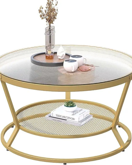 O&K FURNITURE Round Gold Coffee Table, 2-Tier Coffee Table for Living Room, Gold Glass Coffee Table with Ring-Shaped Frames, Center Table for Home&Office, Gold Finish - LeafyLoom