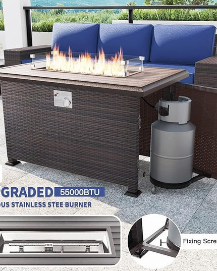 Kullavik 13 Pieces Outdoor Patio Furniture Set with 43" 55000BTU Gas Propane Fire Pit Table PE Wicker Rattan Sectional Sofa Patio Conversation Sets,Navy blue - LeafyLoom
