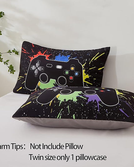 Gamer Comforter Sets Full Size for Boys Teen,Game Controller Colorful Comforter with 2 Pillowcases,Soft Microfiber Video Gaming 3 Piece Bedding Set for Game Lovers,All Season(Black,Full) - LeafyLoom