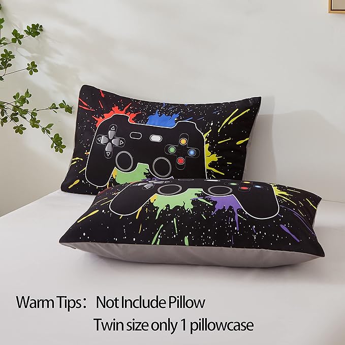 Gamer Comforter Sets Queen Size for Boys Teen,Game Controller Colorful Comforter with 2 Pillowcases, 3 Piece Video Gaming Bedding Set for Game Lovers,All Season(Black,Queen) - LeafyLoom