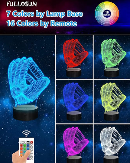 FULLOSUN Baseball Night Light, Baseball Catcher Gifts, 3D Baseball Lamp for Xmas Holiday Birthday Gifts for Kids Baseball Fan with Remote Control 16 Colors Changing + 4 Changing Mode + Dim Function … - LeafyLoom