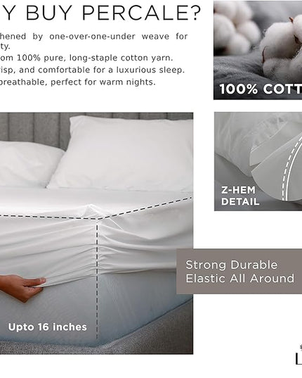 Linen Home 100% Cotton Percale Fitted Sheet Set Twin Size, White, Deep Pocket, 2 Piece - 1 Deep Pocket Fitted Sheet and 1 Pillowcase, Crisp Cool and Strong Bed Linen - LeafyLoom