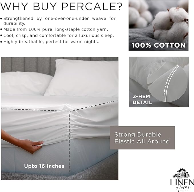 Linen Home 100% Cotton Percale Fitted Sheet Set Twin Size, White, Deep Pocket, 2 Piece - 1 Deep Pocket Fitted Sheet and 1 Pillowcase, Crisp Cool and Strong Bed Linen - LeafyLoom