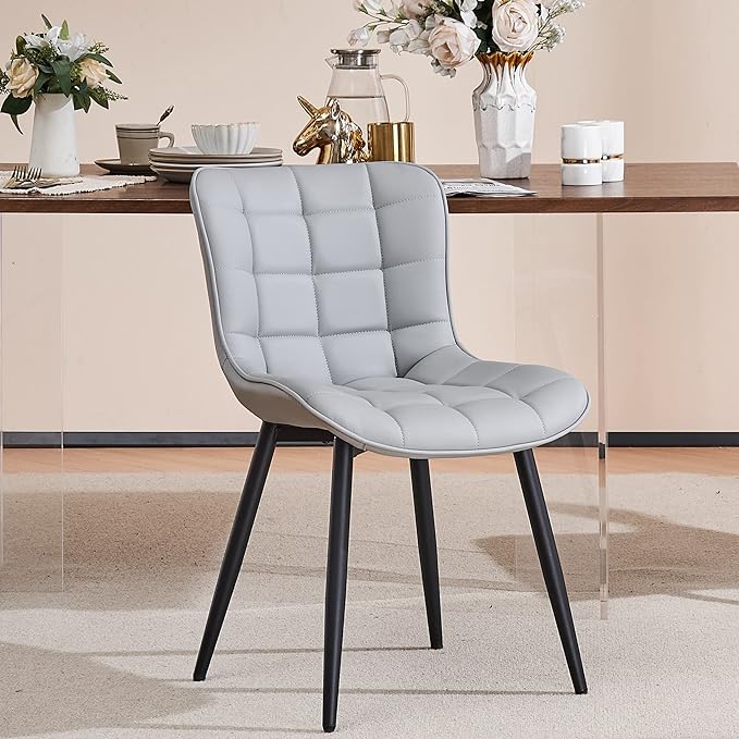 YOUTASTE Grey Dining Chairs Set of 2 PU Leather Upholstered Modern Armless Dining Room Chair with Back Metal Kitchen Dinner Accent Guest Chairs for Vanity Reception Waiting Room - LeafyLoom