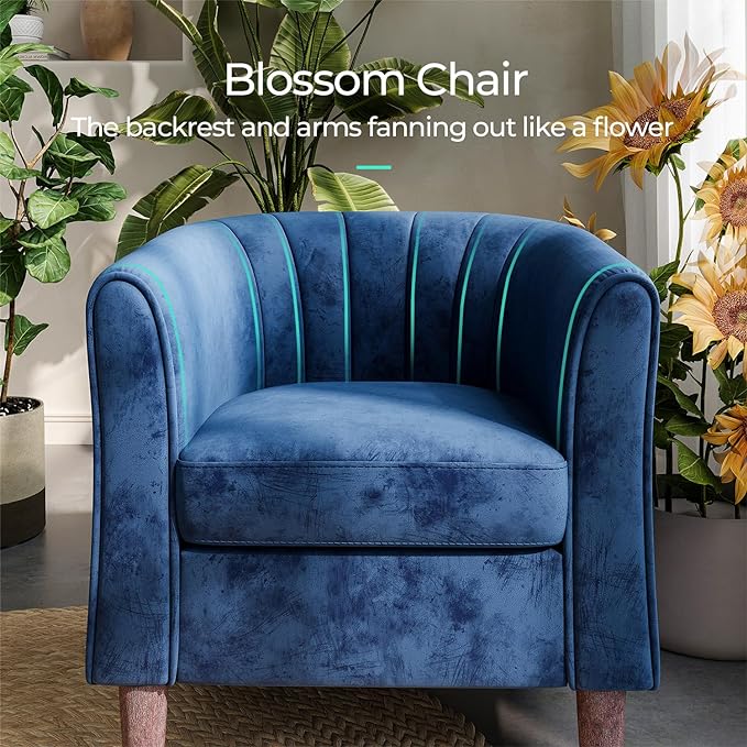 Velvet Accent Chair, Barrel Chair with Ottoman, Modern Comfy Reading Chair Armchair for Living Room Study Room Office, Blue - LeafyLoom