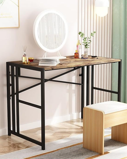 Folding Small Computer Desk, Foldable Space-Saving Home Office Table, Simple Study Writing Gaming Workstation for Small Space, No Assembly Needed, Rustic Brown - LeafyLoom
